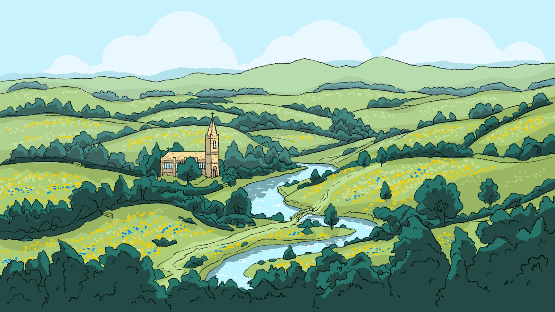 In the background birds fly in a blue sky above a rolling landscape of hills and trees, a river below meanders past a church and under a bridge linking trails through fields.