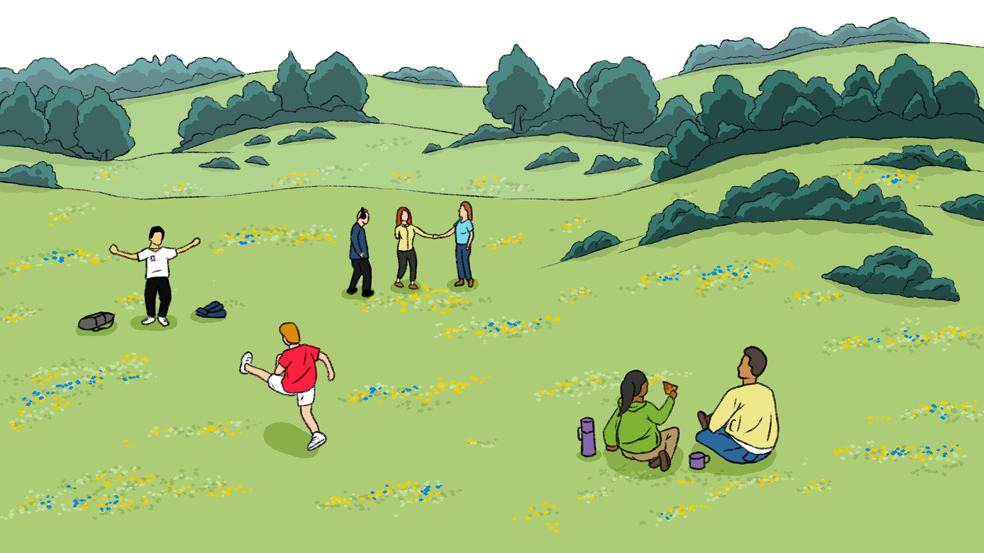 In the background people meet, eat and enjoy play, unhindered by access needs surrounded by nature and open countryside, experiencing the benefits offered by beautiful scenery and fresh air.