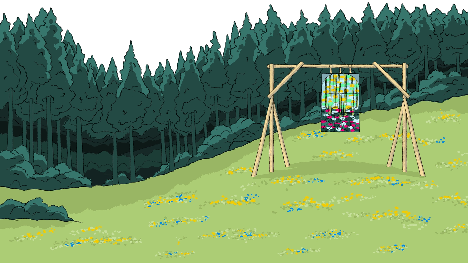 In the background a floral image hangs from a rustic wooden framework beside a young deer standing in a clearing of a rich green wooded area