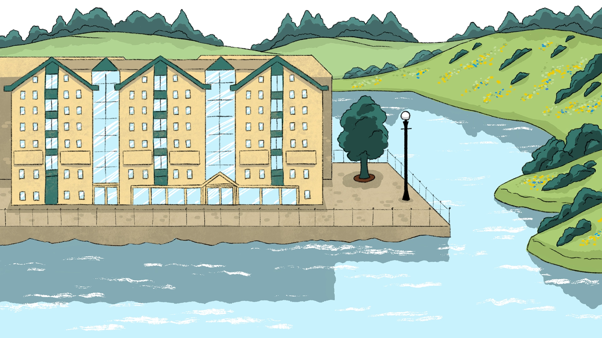 In the background a 5 storey building complex is surrounded by tranquil countryside and calm water where swans swim gently.