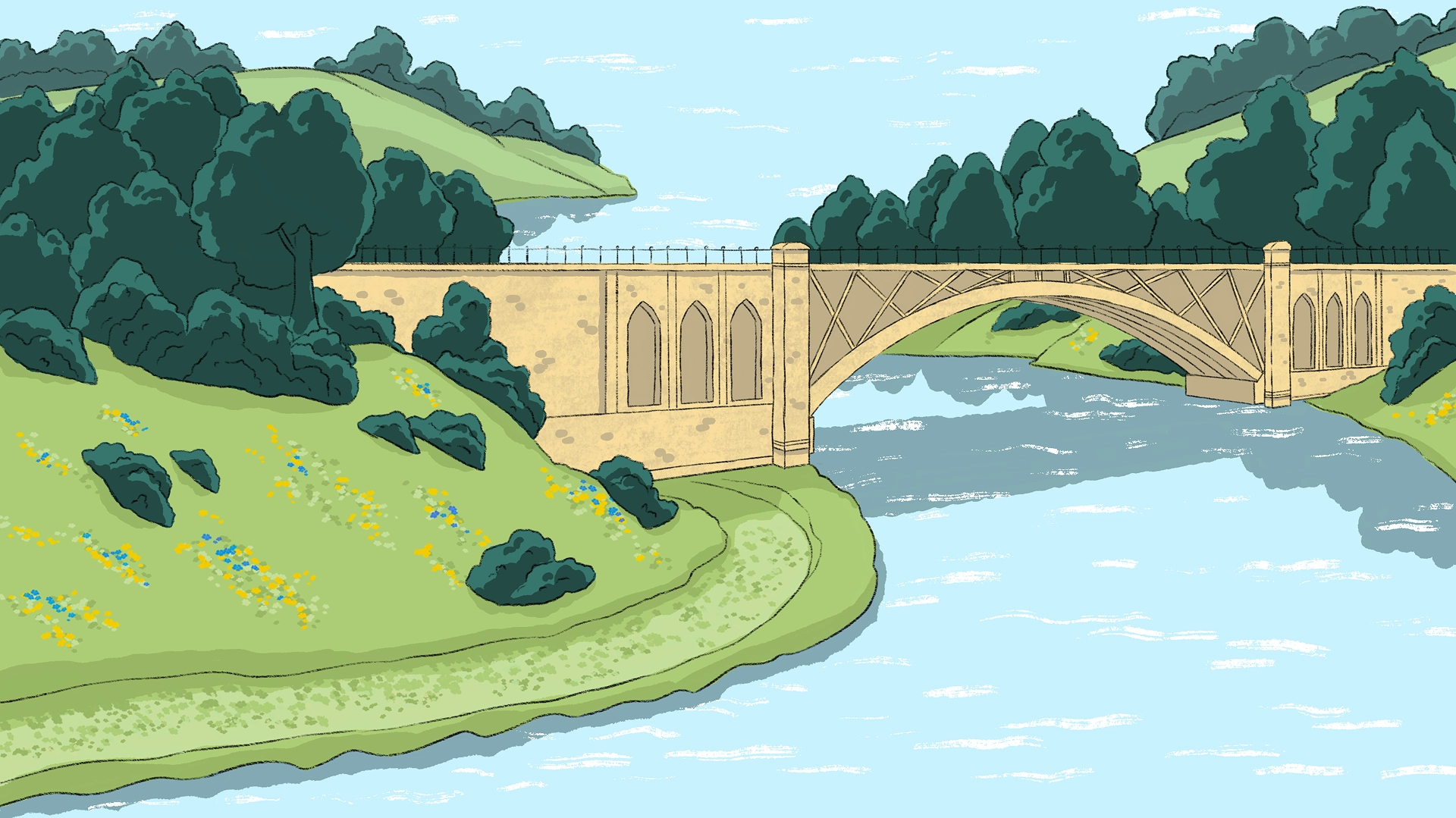 In the background a beautiful historic stone bridge crosses a river as it courses its way through green land, past flowers and trees, as fish jump and splash in the water.