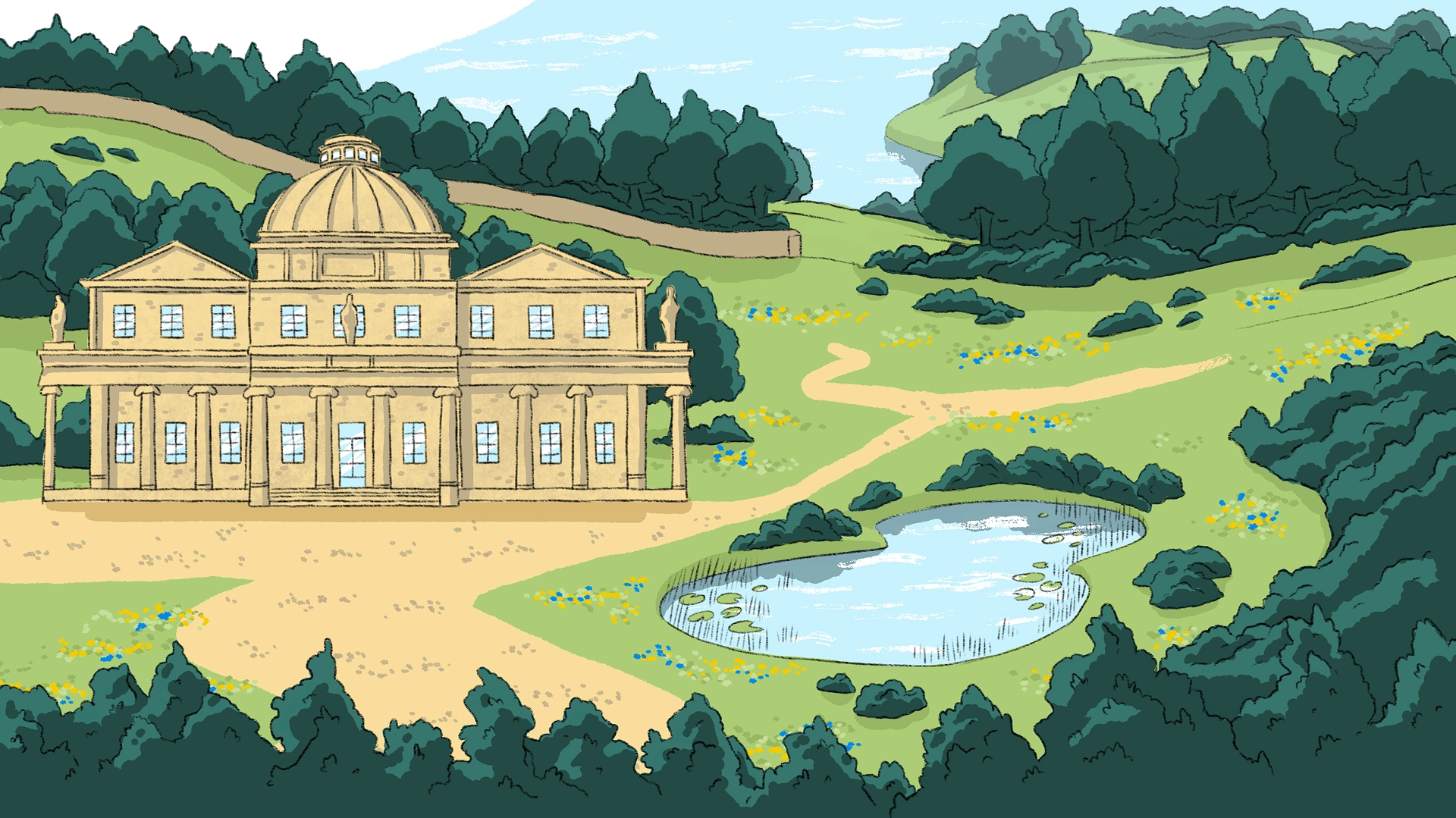 In the backgorund a majestic historic building stands in peaceful natural surroundings where trees and flowers grow. Walking trails snake through the valley past the pond where a pair of ducks that have made it their home swim.