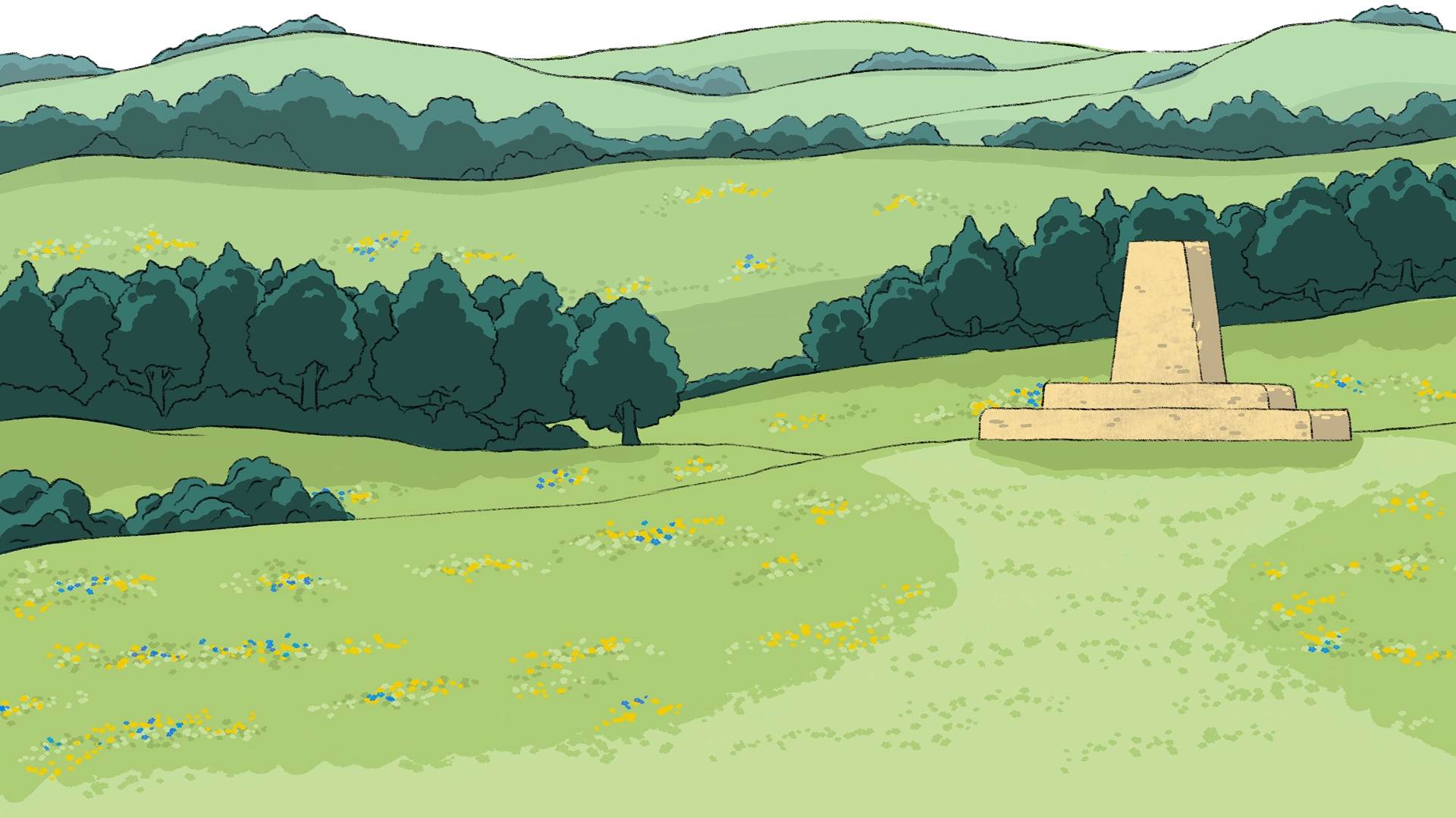 In the background a poignant stone monument stands proudly on a hill. A rolling landscape lies beyond as butterflies fly delicately in the wind.